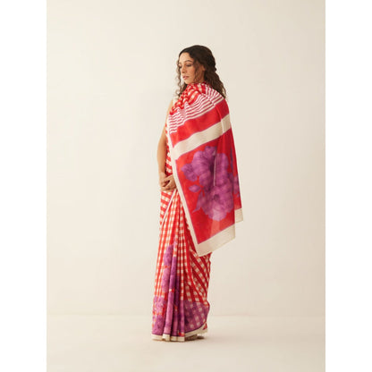 Shivani Bhargava Red and Off-white Gingham Checks Floral Mix Silk Saree with Stitched Blouse