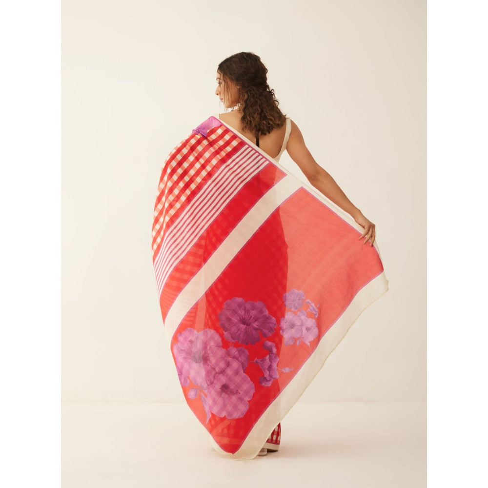 Shivani Bhargava Red and Off-white Gingham Checks Floral Mix Silk Saree with Stitched Blouse