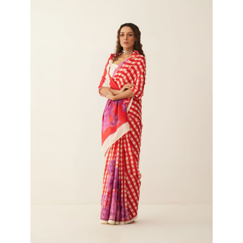 Shivani Bhargava Red and Off-white Gingham Checks Floral Mix Silk Saree with Stitched Blouse