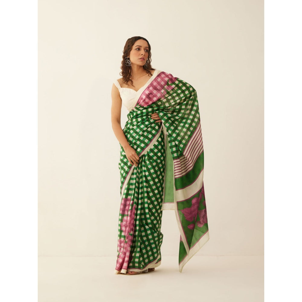 Shivani Bhargava Green and Off-White Gingham Checks Floral Mix Silk Saree with Stitched Blouse