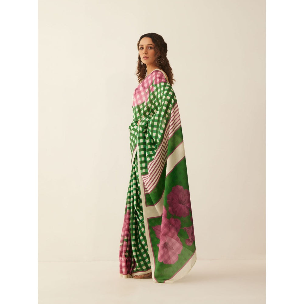 Shivani Bhargava Green and Off-White Gingham Checks Floral Mix Silk Saree with Stitched Blouse