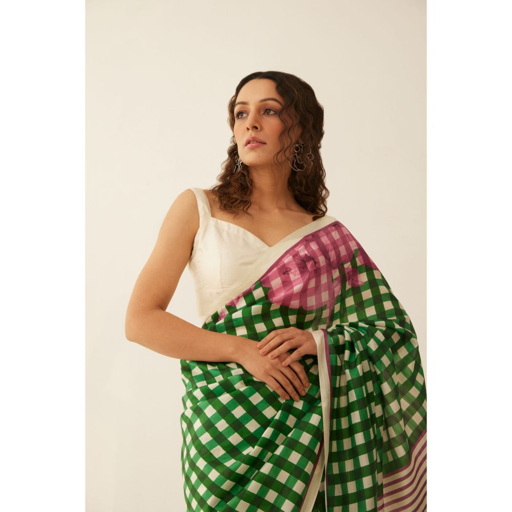 Shivani Bhargava Green and Off-White Gingham Checks Floral Mix Silk Saree with Stitched Blouse