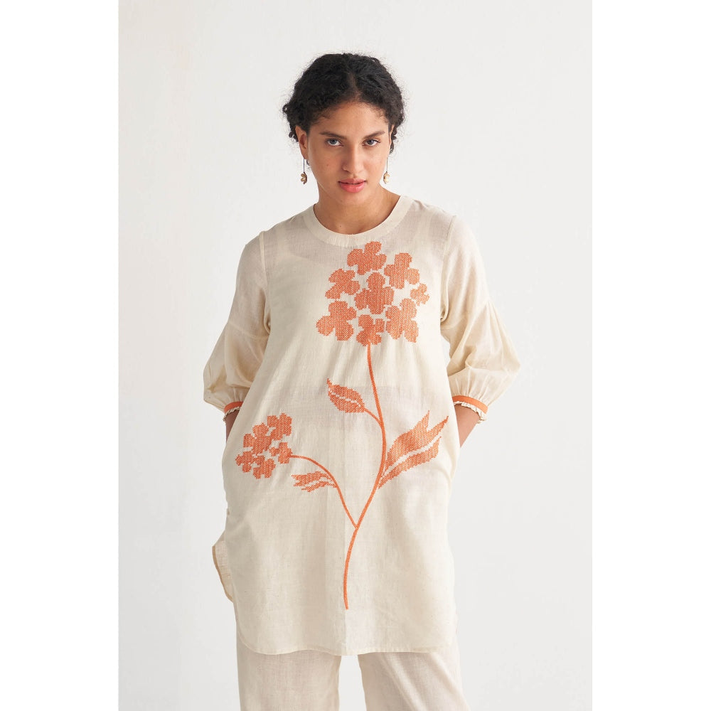 Shivani Bhargava Orange Florence Cross-Stitch Off-White Co-Ord (Set of 2)