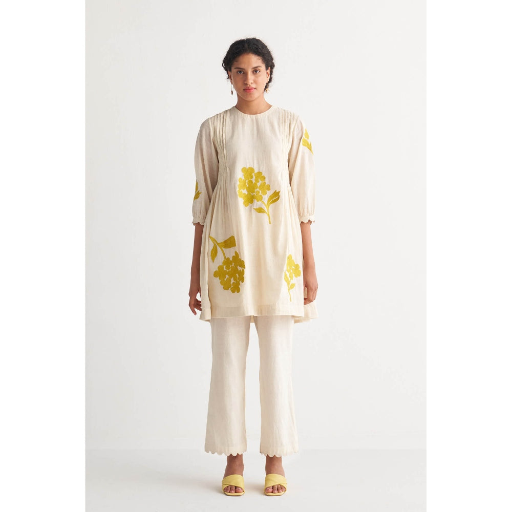 Shivani Bhargava Canary Yellow Pintuck Cross-Stitch Bunch Off-White Co-Ord (Set of 2)