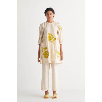 Shivani Bhargava Canary Yellow Pintuck Cross-Stitch Bunch Off-White Co-Ord (Set of 2)
