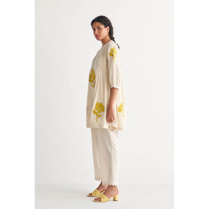 Shivani Bhargava Canary Yellow Pintuck Cross-Stitch Bunch Off-White Co-Ord (Set of 2)