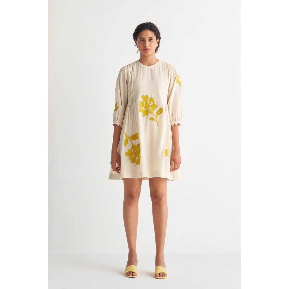 Shivani Bhargava Canary Yellow Pintuck Cross-Stitch Bunch Off-White Dress