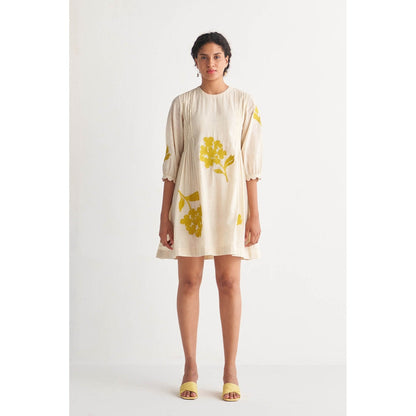 Shivani Bhargava Canary Yellow Pintuck Cross-Stitch Bunch Off-White Dress