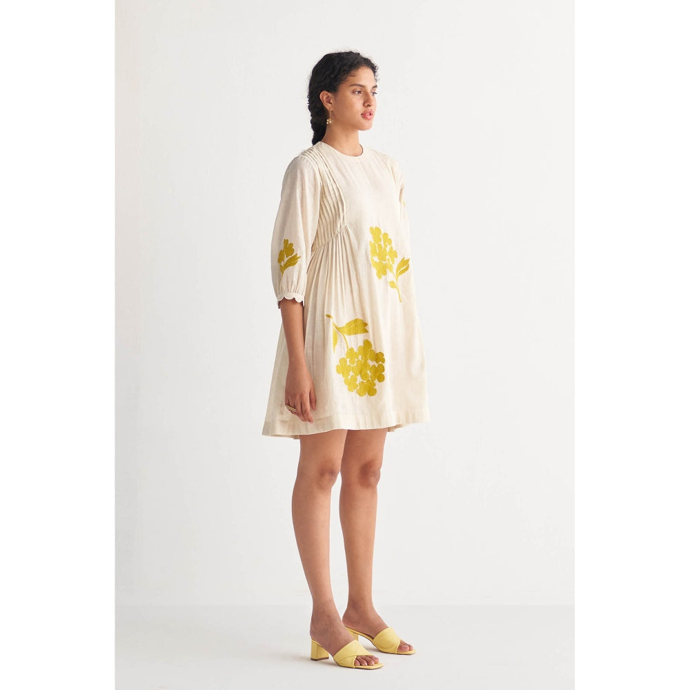 Shivani Bhargava Canary Yellow Pintuck Cross-Stitch Bunch Off-White Dress