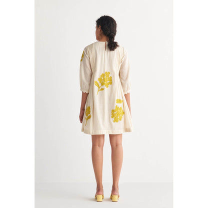 Shivani Bhargava Canary Yellow Pintuck Cross-Stitch Bunch Off-White Dress