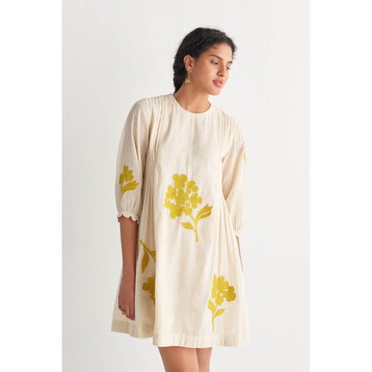 Shivani Bhargava Canary Yellow Pintuck Cross-Stitch Bunch Off-White Dress