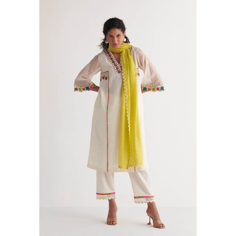 Shivani Bhargava Applique Streak Tape Kurta with Pants and Scalloped Dupatta (Set of 3)
