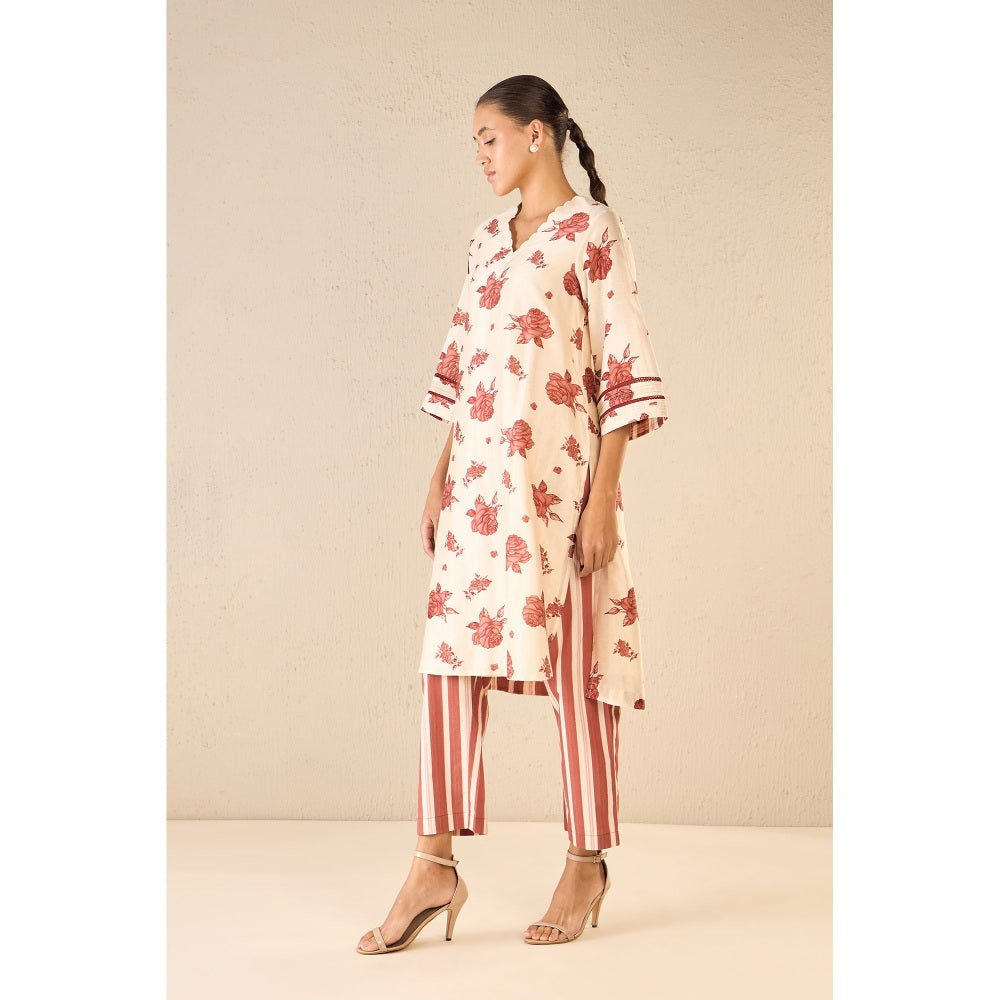 Shivani Bhargava Red Rose V-Neck Kurta with Pant and Dupatta (Set of 3)
