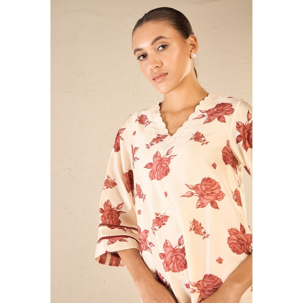 Shivani Bhargava Red Rose V-Neck Kurta with Pant and Dupatta (Set of 3)