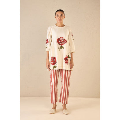 Shivani Bhargava Off White Royal Rose Tunic with Striped Pant (Set of 2)
