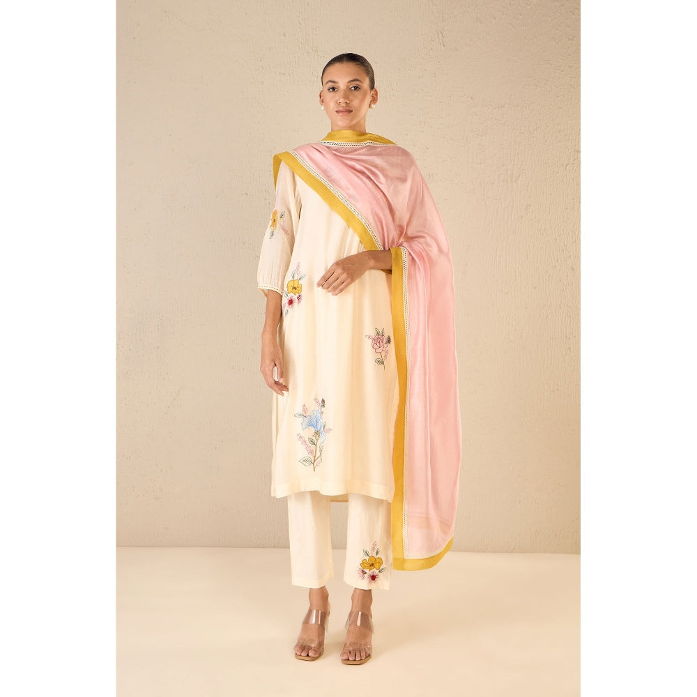 Shivani Bhargava Petal Patch Ivory Floral Kurta with Pant and Dupatta (Set of 3)