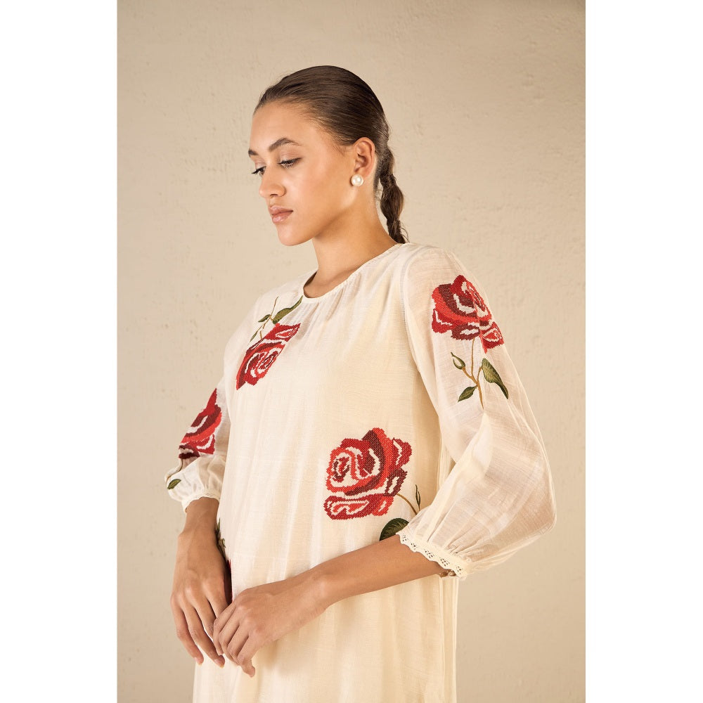 Shivani Bhargava Ivory Embroidery Rose Kurta with Pant (Set of 2)