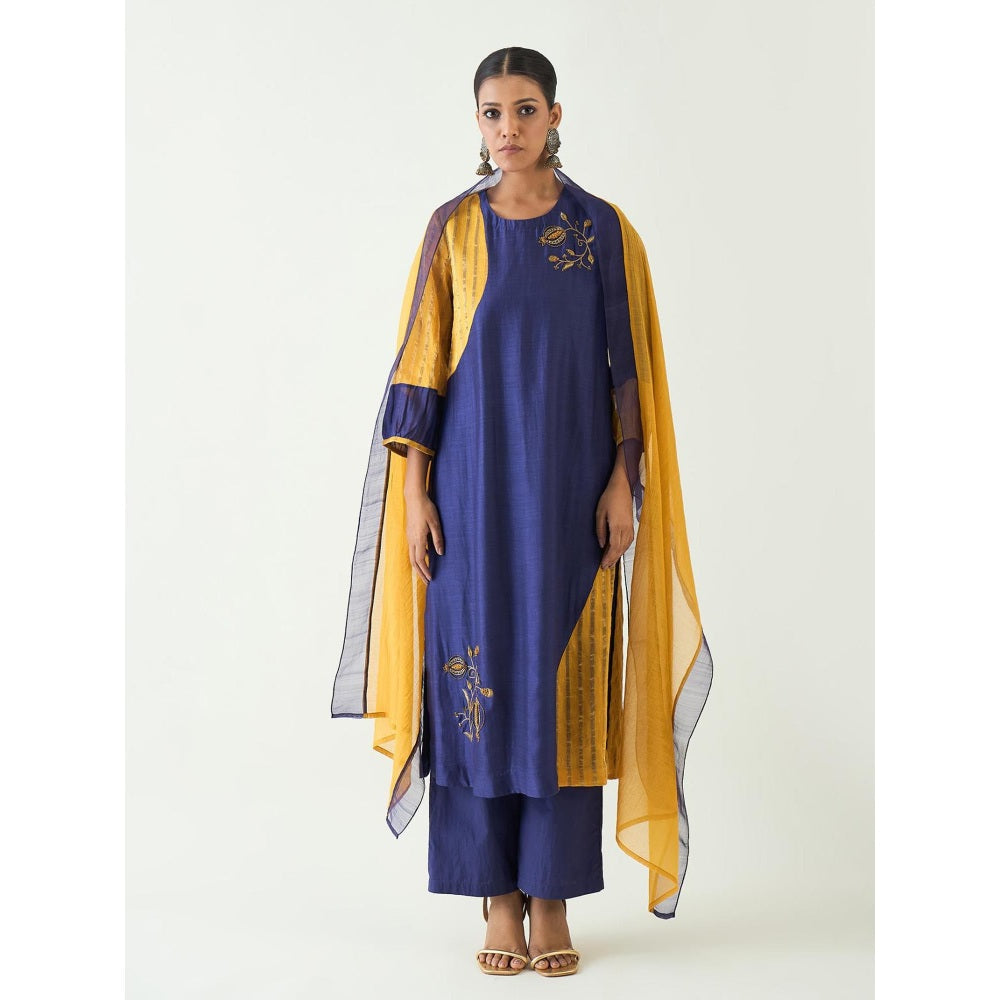 Shivani Bhargava Blue Mohini Straight Cotton Silk Kurta with Pant and Dupatta (Set of 3)