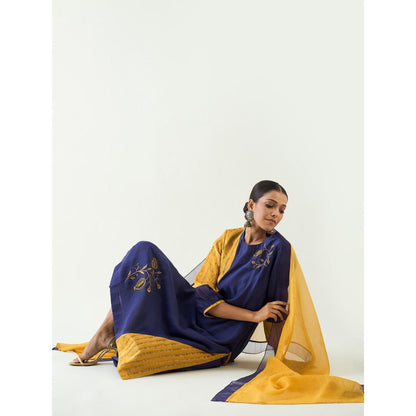 Shivani Bhargava Blue Mohini Straight Cotton Silk Kurta with Pant and Dupatta (Set of 3)