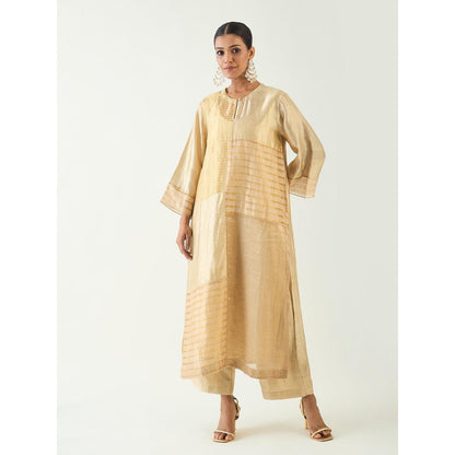 Shivani Bhargava Beige Kaya Zari Stripe and Silk Patch Kurta with Pant (Set of 2)