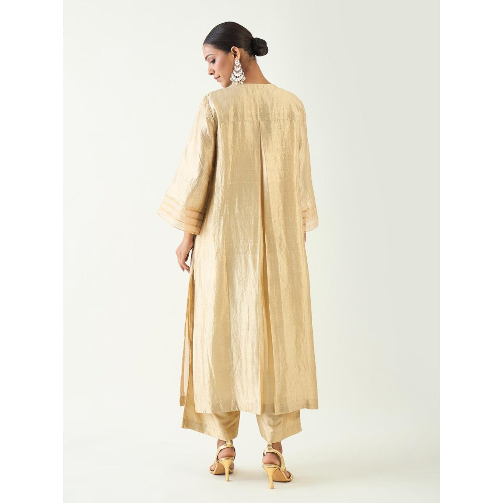 Shivani Bhargava Beige Kaya Zari Stripe and Silk Patch Kurta with Pant (Set of 2)