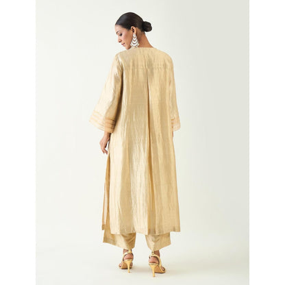 Shivani Bhargava Beige Kaya Zari Stripe and Silk Patch Kurta with Pant (Set of 2)