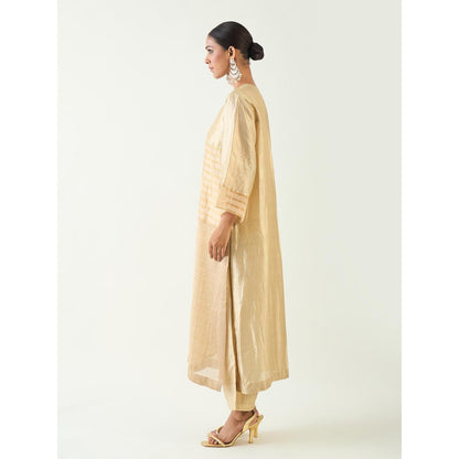 Shivani Bhargava Beige Kaya Zari Stripe and Silk Patch Kurta with Pant (Set of 2)