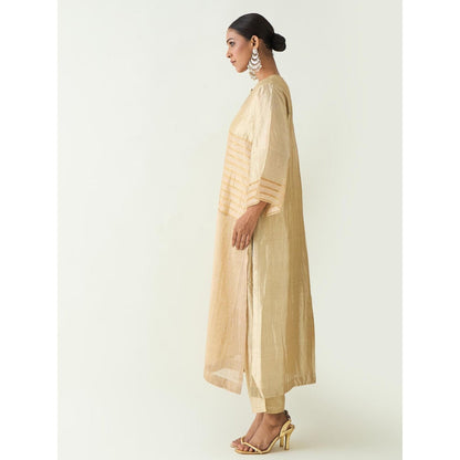 Shivani Bhargava Beige Kaya Zari Stripe and Silk Patch Kurta with Pant (Set of 2)