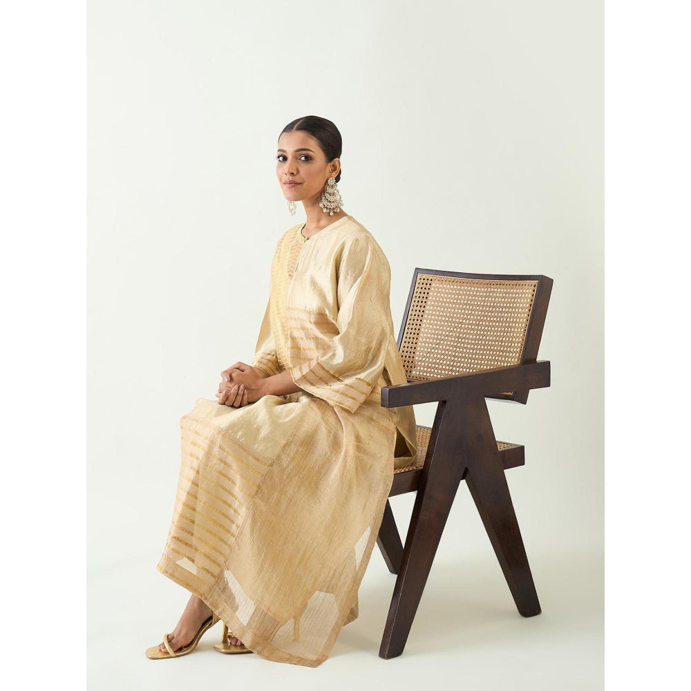 Shivani Bhargava Beige Kaya Zari Stripe and Silk Patch Kurta with Pant (Set of 2)
