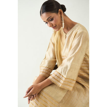 Shivani Bhargava Beige Kaya Zari Stripe and Silk Patch Kurta with Pant (Set of 2)