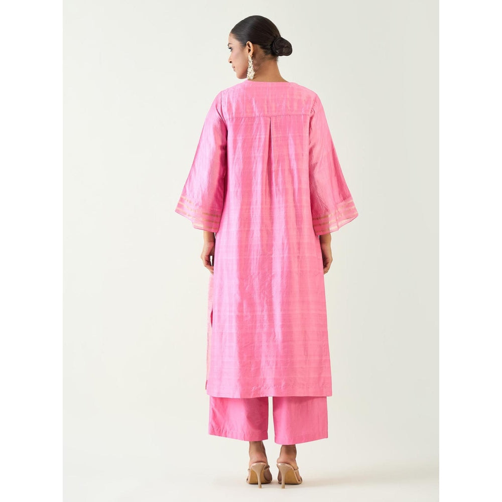 Shivani Bhargava Pink Kaya Zari Stripe and Silk Patch Kurta with Pant and Dupatta (Set of 3)