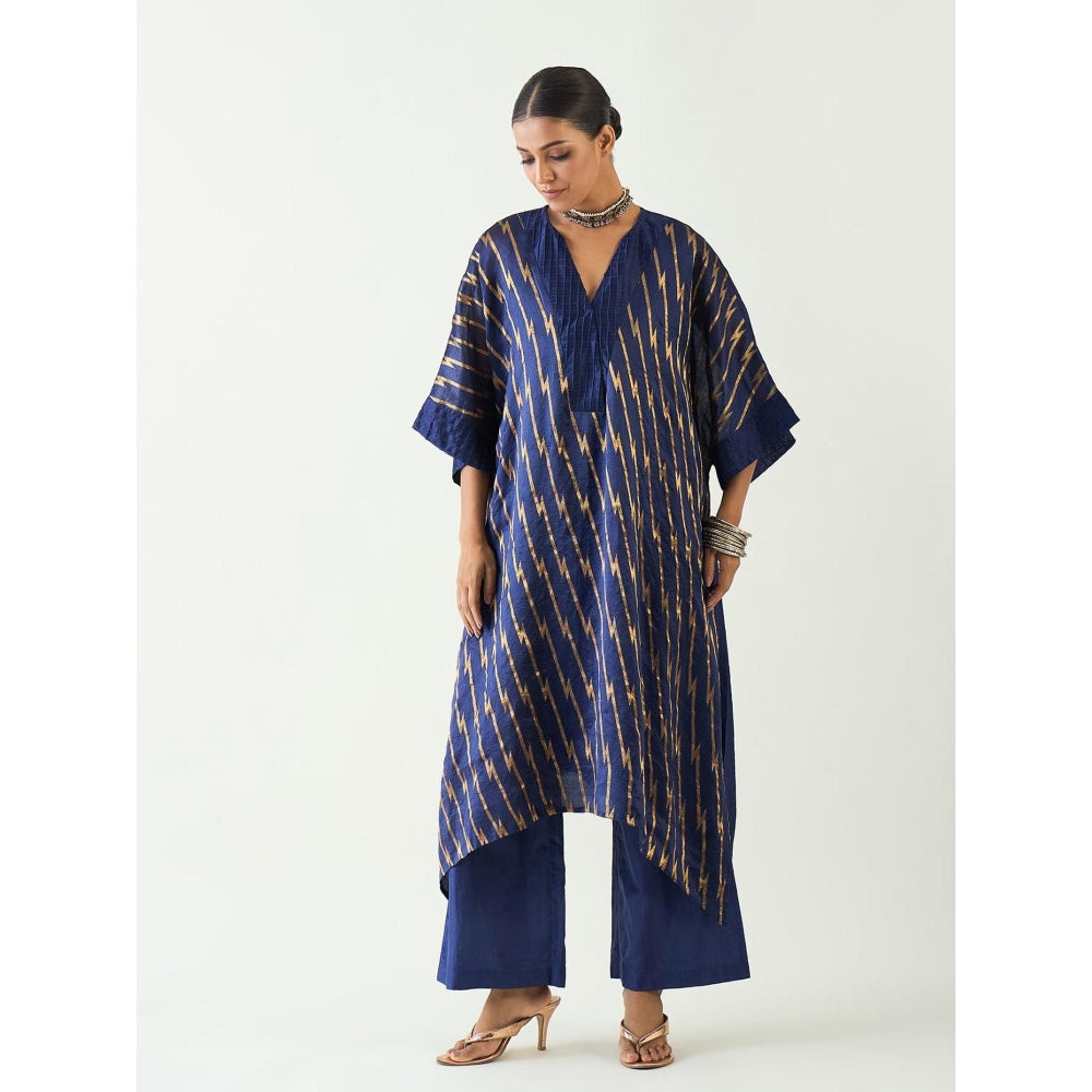 Shivani Bhargava Damani Blue Silk Weave Kimono Kurta with Pant (Set of 2)
