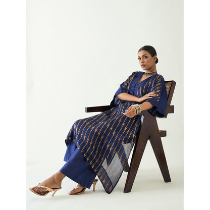 Shivani Bhargava Damani Blue Silk Weave Kimono Kurta with Pant (Set of 2)
