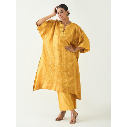 Shivani Bhargava Mustard Damani Silk with Weave Kimono Kaftan with Pant (Set of 2)
