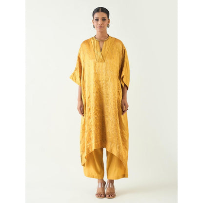 Shivani Bhargava Mustard Damani Silk with Weave Kimono Kaftan with Pant (Set of 2)