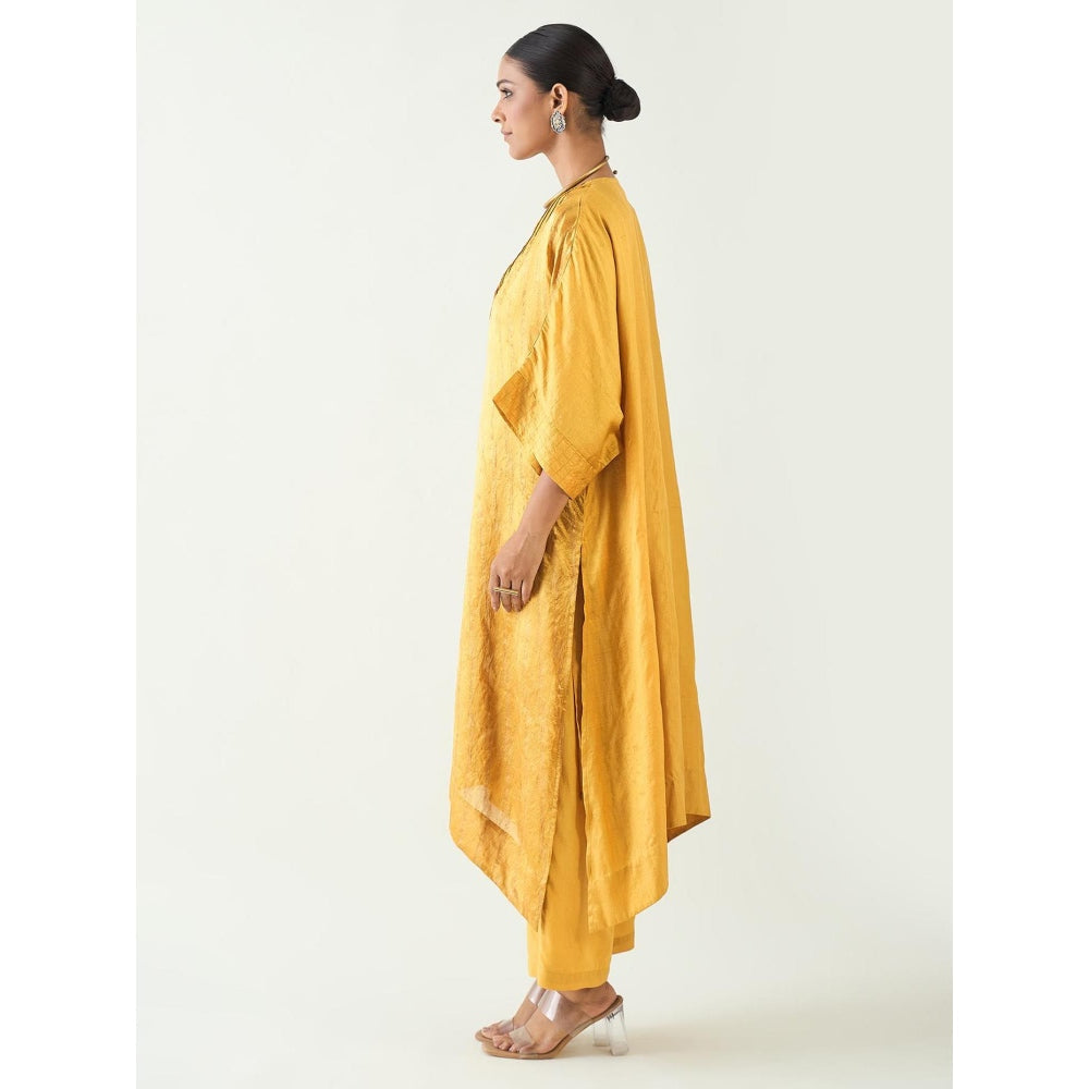 Shivani Bhargava Mustard Damani Silk with Weave Kimono Kaftan with Pant (Set of 2)