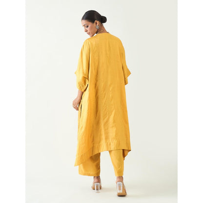 Shivani Bhargava Mustard Damani Silk with Weave Kimono Kaftan with Pant (Set of 2)