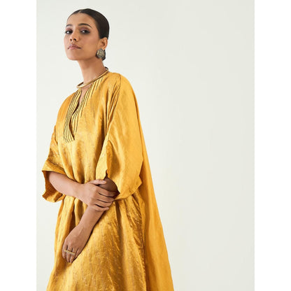Shivani Bhargava Mustard Damani Silk with Weave Kimono Kaftan with Pant (Set of 2)