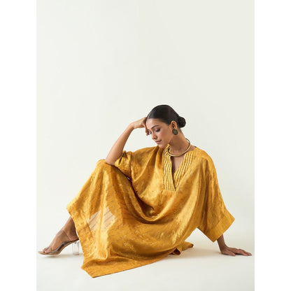 Shivani Bhargava Mustard Damani Silk with Weave Kimono Kaftan with Pant (Set of 2)