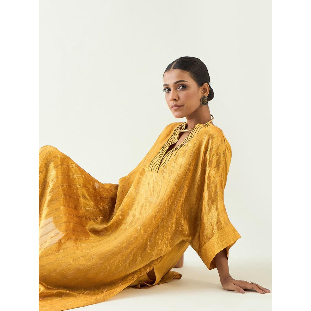 Shivani Bhargava Mustard Damani Silk with Weave Kimono Kaftan with Pant (Set of 2)