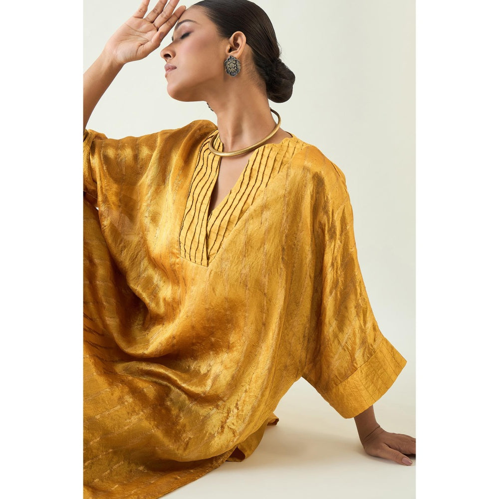Shivani Bhargava Mustard Damani Silk with Weave Kimono Kaftan with Pant (Set of 2)