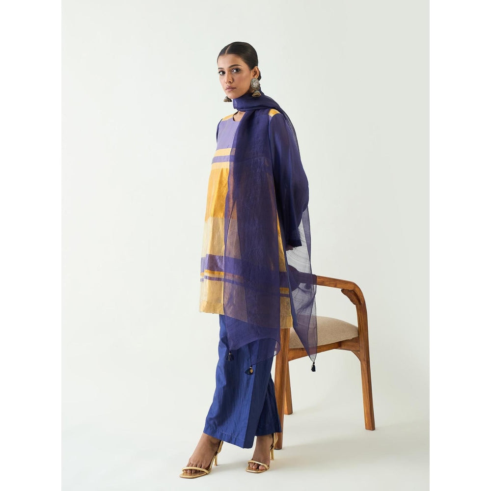 Shivani Bhargava Blue Mira Silk Stripe Tissue Kurti with Pant and Dupatta (Set of 3)