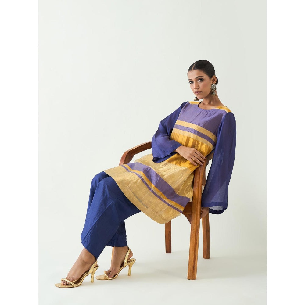 Shivani Bhargava Blue Mira Silk Stripe Tissue Kurti with Pant and Dupatta (Set of 3)