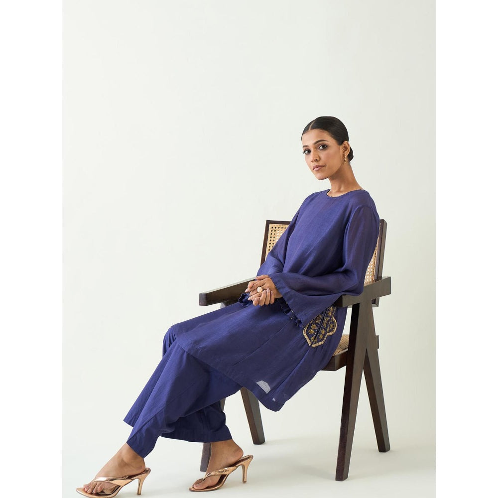 Shivani Bhargava Blue Siya Cotton Silk Embroidered Pocket Kurta with Pant (Set of 2)