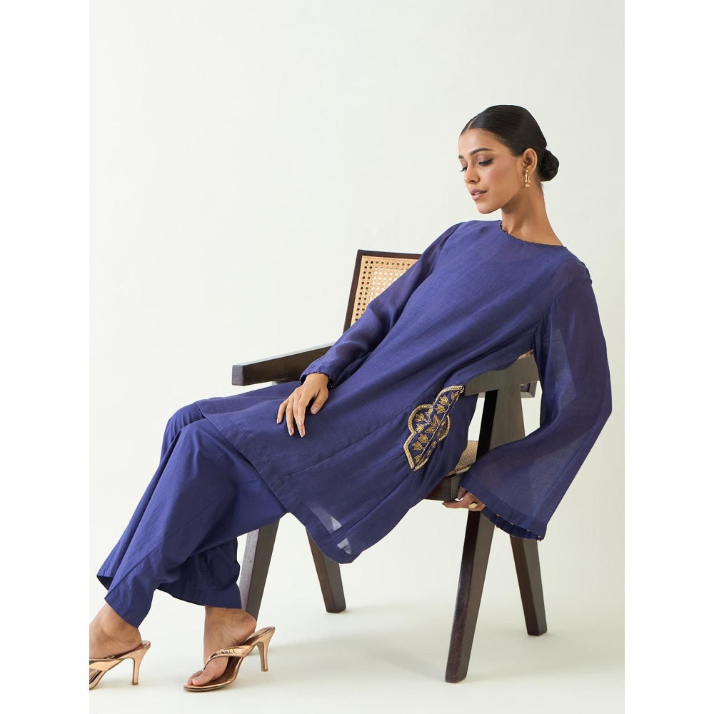 Shivani Bhargava Blue Siya Cotton Silk Embroidered Pocket Kurta with Pant (Set of 2)