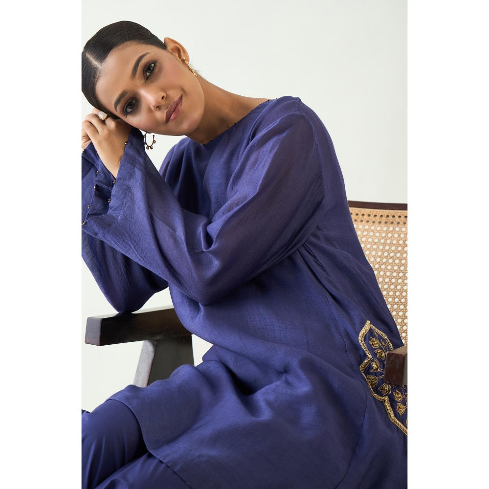 Shivani Bhargava Blue Siya Cotton Silk Embroidered Pocket Kurta with Pant (Set of 2)