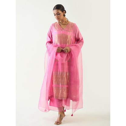 Shivani Bhargava Pink Mira Silk Stripe Tissue Kurta with Pant and Dupatta (Set of 3)