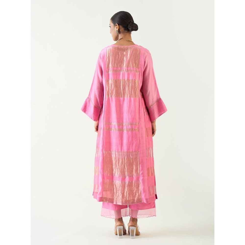 Shivani Bhargava Pink Mira Silk Stripe Tissue Kurta with Pant and Dupatta (Set of 3)