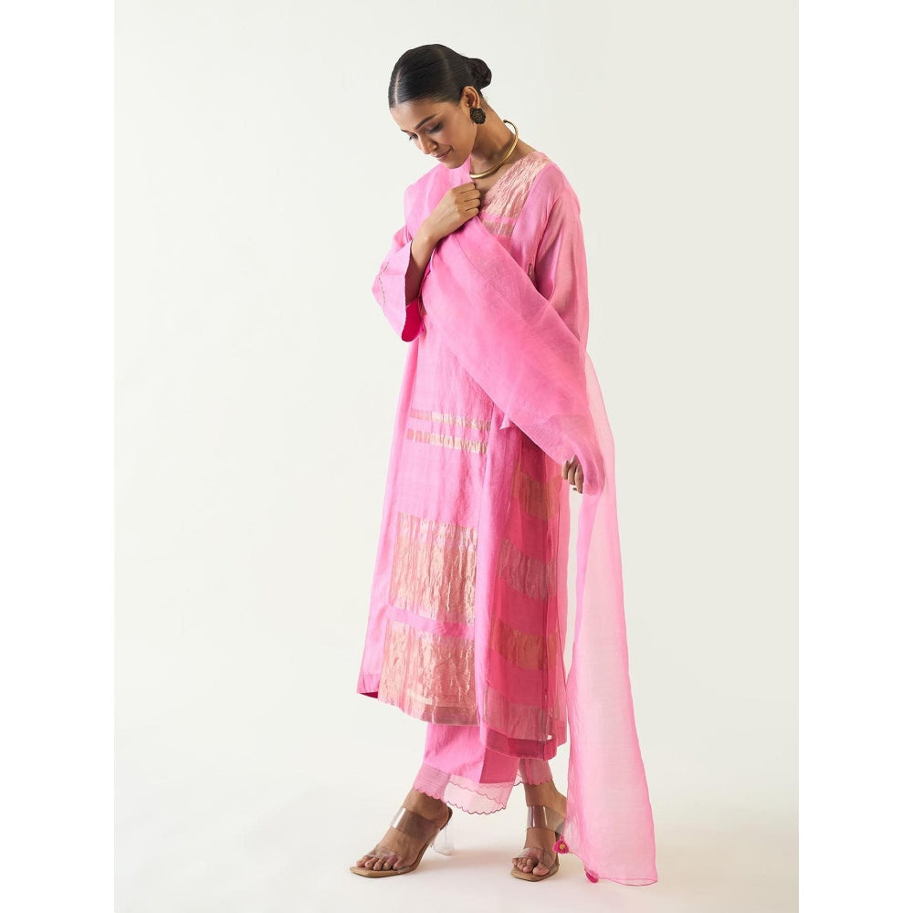 Shivani Bhargava Pink Mira Silk Stripe Tissue Kurta with Pant and Dupatta (Set of 3)