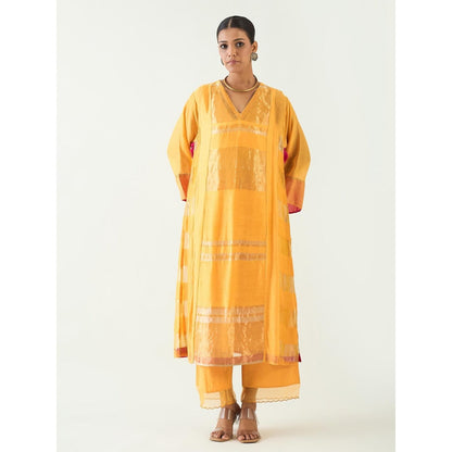 Shivani Bhargava Yellow Mira Silk Stripe Tissue Kurta with Pant and Dupatta (Set of 3)
